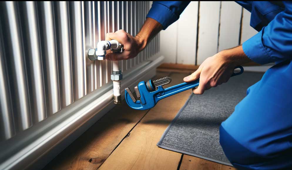 Image détaillée d'une personne en uniforme bleu agenouillée sur un sol en bois et utilisant une clé à pipe bleue pour ajuster un raccord sur un radiateur blanc. La main gauche de la personne stabilise la clé tandis que la main droite ajuste la poignée. Le radiateur a une surface blanche et nette, avec des lignes horizontales, et il est adossé à un mur blanc