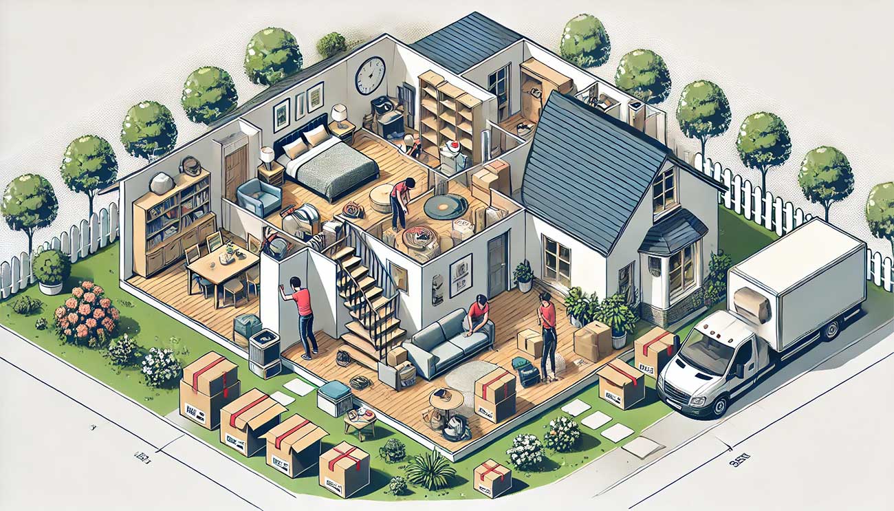 Illustration isométrique détaillée représentant une maison en préparation pour la vente, avec des éléments de désencombrement en cours. Une famille trie des objets dans un jardin, tandis que l'intérieur de la maison est visible, montrant des pièces spacieuses, propres et bien organisées.