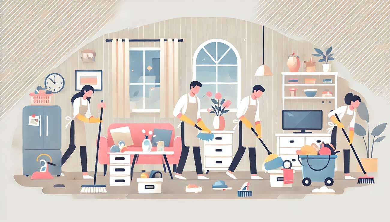 . Des personnages stylisés effectuent des tâches comme nettoyer les surfaces et ranger des objets dans des boîtes étiquetées. L’ambiance est lumineuse, la maison semble accueillante et bien entretenue, avec une palette pastel, des lignes douces, et un fond blanc avec un léger dégradé.