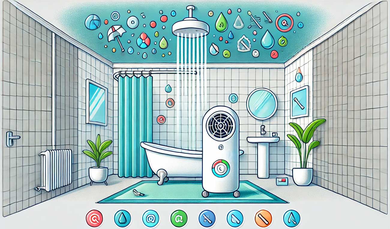  illustration vectorielle représentant une salle de bain touchée par l'humidité et la moisissure. Les murs montrent des taches sombres et des zones de moisissures, tandis qu'un déshumidificateur moderne est placé au centre de l'image, symbolisant la solution. 