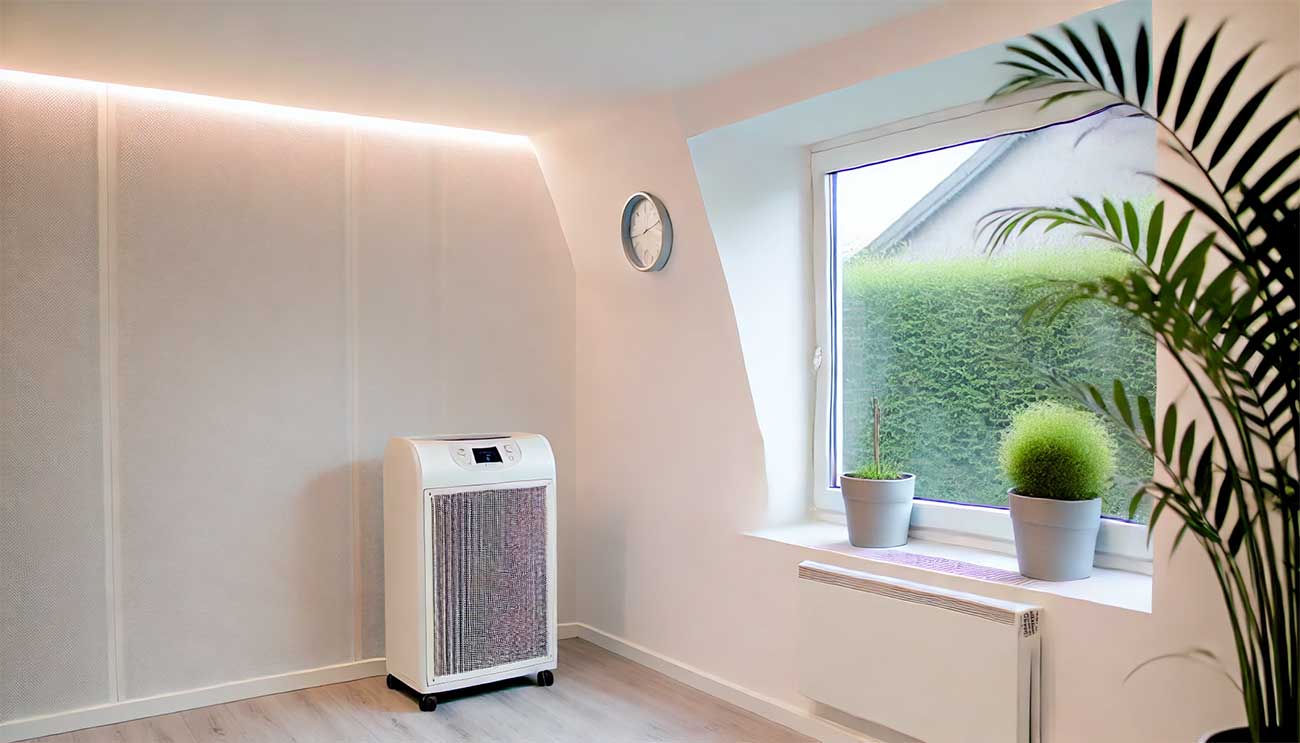 photo montrant une pièce fraîchement rénovée après le traitement de l'humidité et l'utilisation d'un déshumidificateur. La pièce est claire, avec des murs parfaitement propres et des plantes d'intérieur saines pour symboliser un air purifié. Le déshumidificateur moderne est visible sur un côté, intégré harmonieusement dans l'espace. 