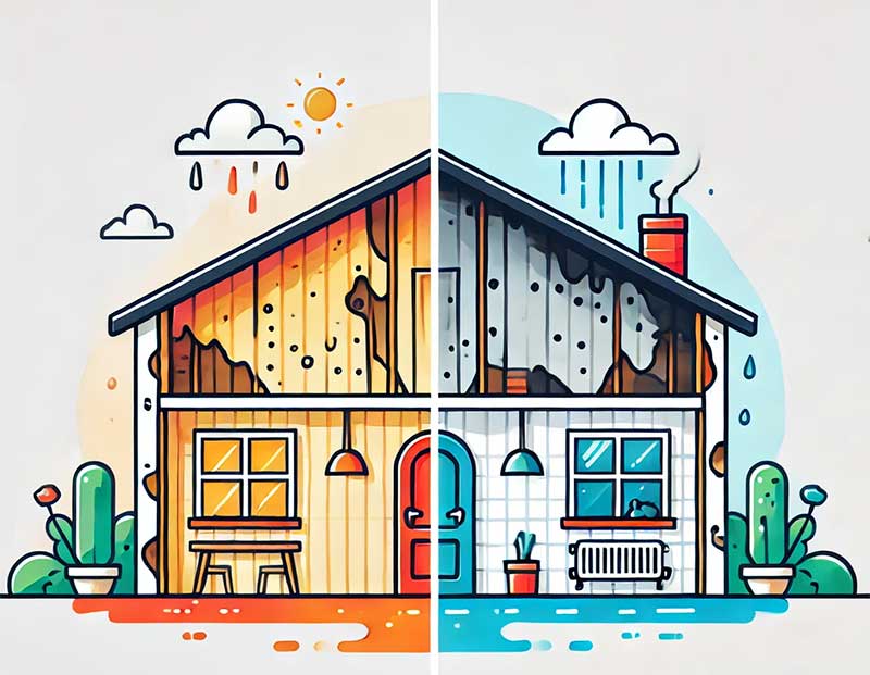  illustration vectorielle avec des couleurs vibrantes sur un fond blanc, représentant une maison divisée en deux parties. À gauche, une pièce sombre avec des murs endommagés par l'humidité et des moisissures stylisées. À droite, une pièce lumineuse et propre avec un déshumidificateur en fonctionnement, montrant un environnement sain.