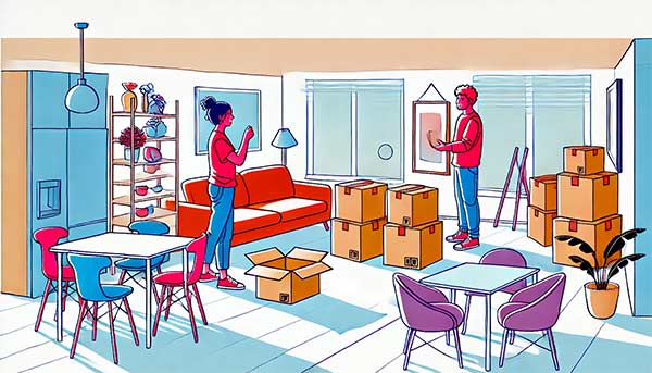 dessin d'un couple avec des cartons en train d'emménager