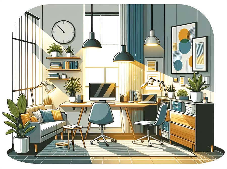 Illustration graphique très originale d'un bureau à domicile moderne. Mise en avant de la position stratégique des sources de lumière pour maximiser la luminosité et le confort
