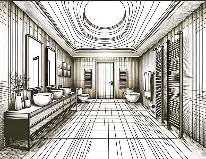 salle de bain moderne et confortable équipée d'un rail chauffant pour sèche-serviettes, dans un style design et graphique