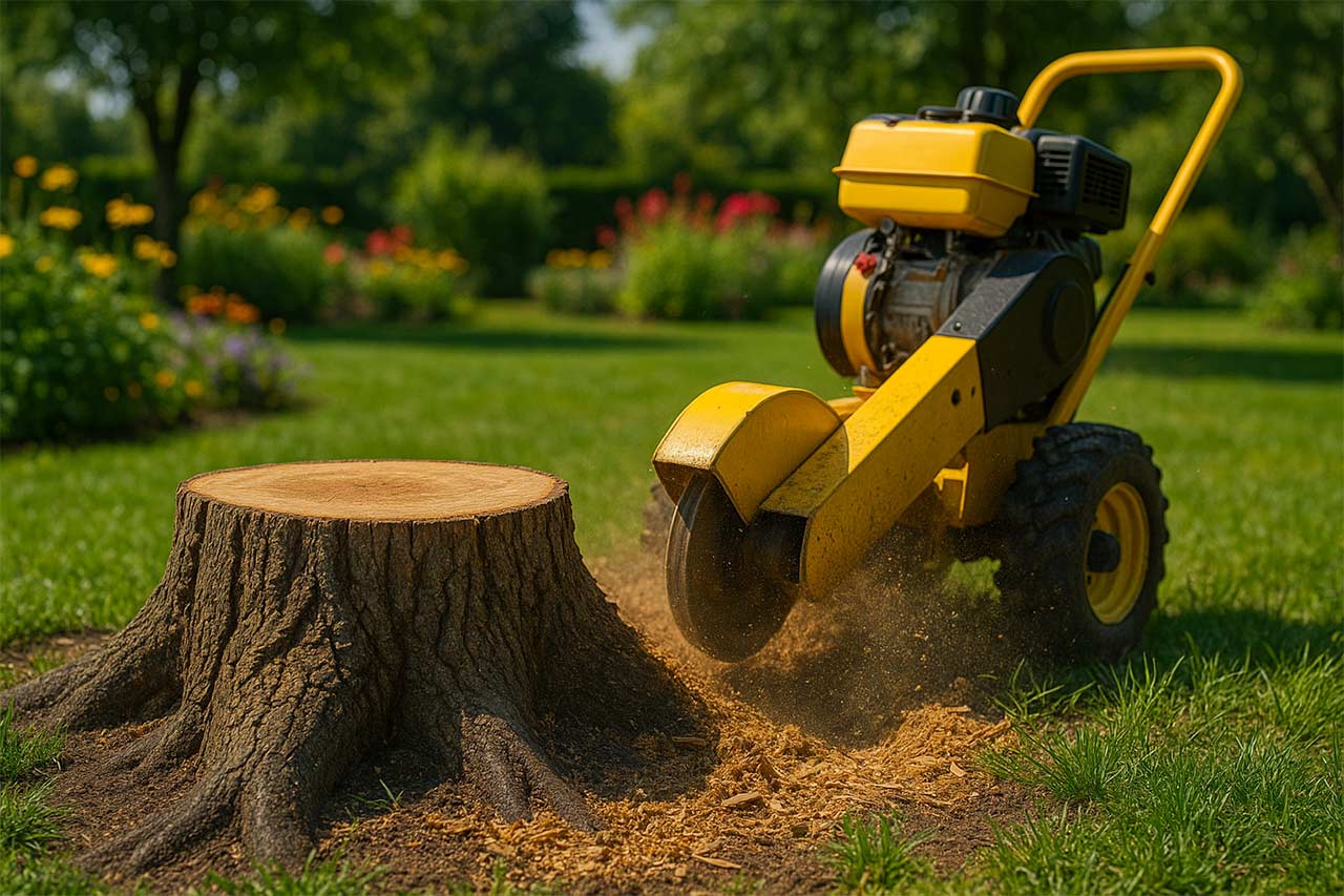Illustration d’un jardin ensoleillé où une rogneuse réduit une souche en copeaux