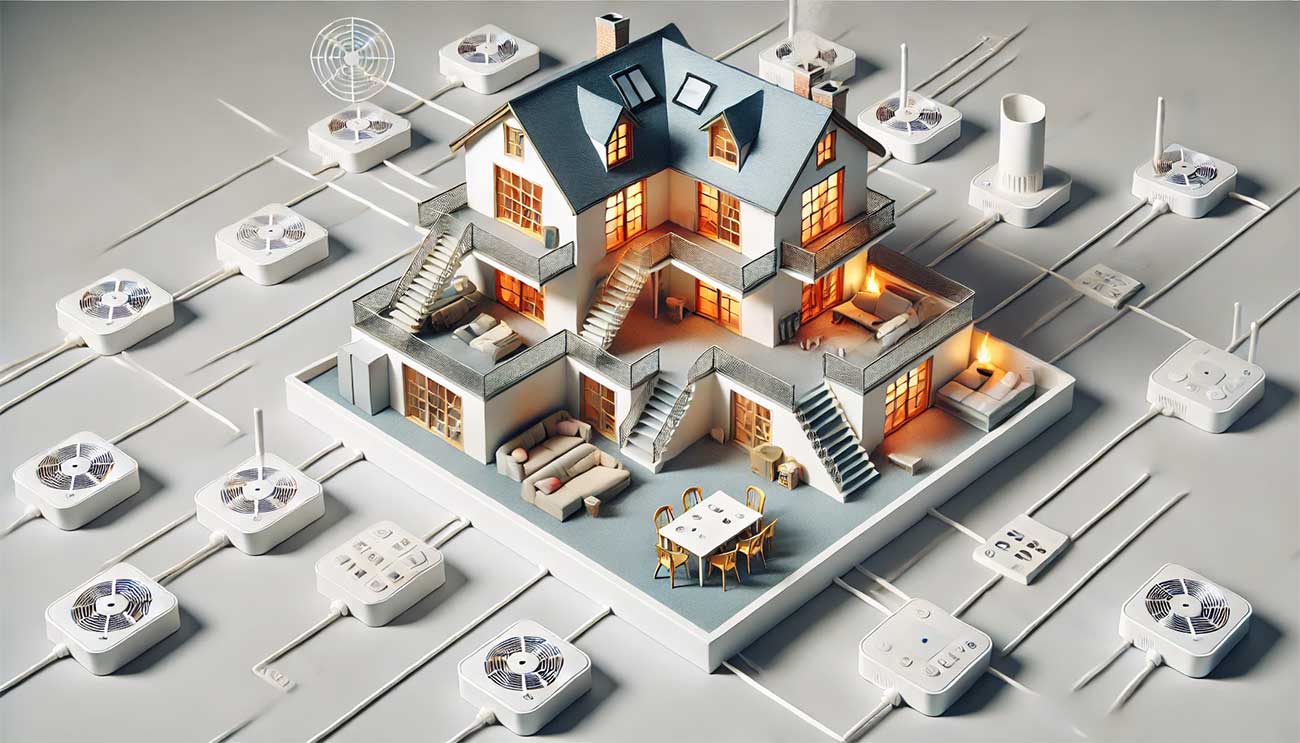 visuel d'une maison à plusieurs étages équipée de détecteurs de fumée connectés, avec un détecteur placé stratégiquement à chaque étage.