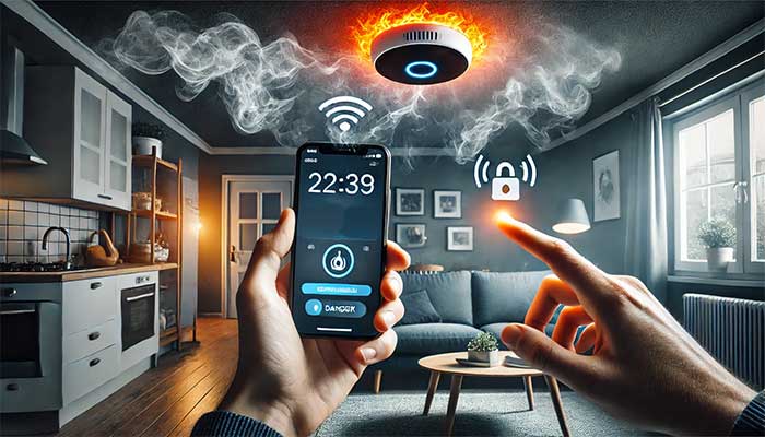 utilisateur recevant une alerte de fumée en temps réel sur son smartphone, tandis que l'appareil connecté au plafond clignote pour signaler un danger. L'ambiance montre un intérieur moderne avec de la fumée au plafondtion active.