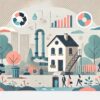 un focus sur les installations d'assainissement autonome et leur contrôle pour éviter des risques sanitaires et environnementaux. Une maison avec une fosse septique, et des éléments liés à la santé publique comme des arbres et des symboles d'eau propre