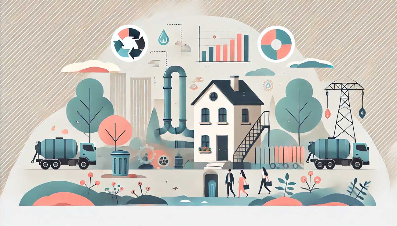 un focus sur les installations d'assainissement autonome et leur contrôle pour éviter des risques sanitaires et environnementaux. Une maison avec une fosse septique, et des éléments liés à la santé publique comme des arbres et des symboles d'eau propre
