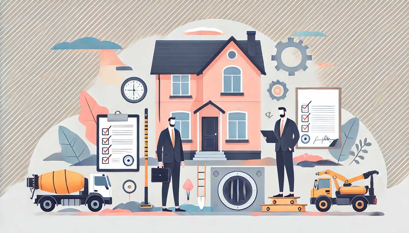 dessin illustrant l’ensemble du processus de diagnostic d’assainissement, incluant une maison, une fosse septique, des équipements de mesure, un agent inspecteur, des documents réglementaires