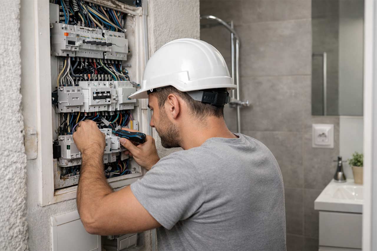 Électricien installant une protection différentielle dans un tableau électrique