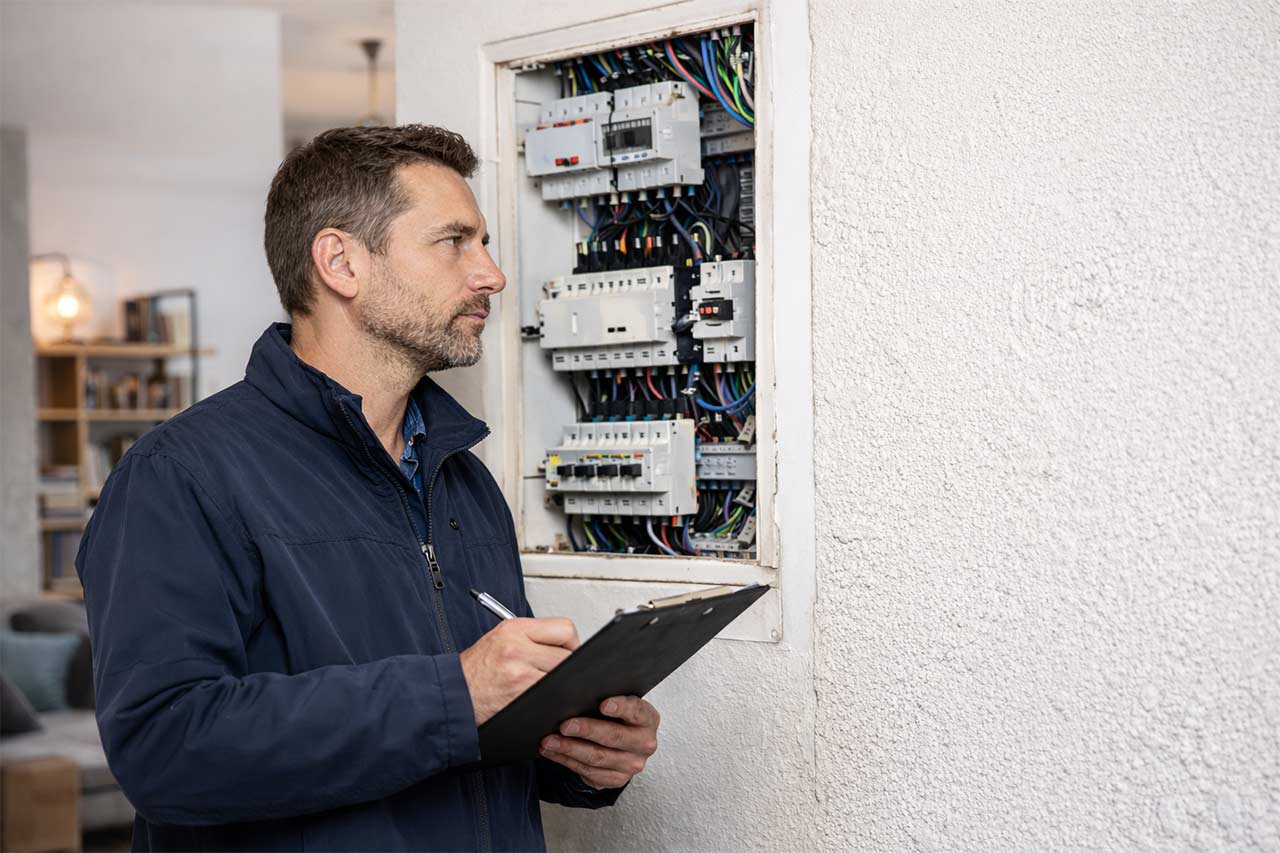 Diagnostiqueur vérifiant un tableau électrique ouvert dans un appartement