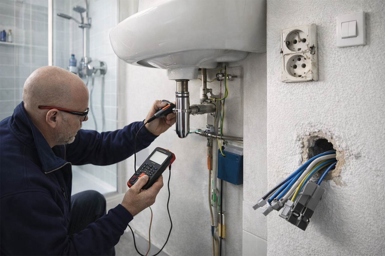 Contrôle électrique dans une salle de bain : un électricien vérifie la liaison équipotentielle sous un lavabo avec un multimètre, près d’une prise vétuste et de câbles visibles.