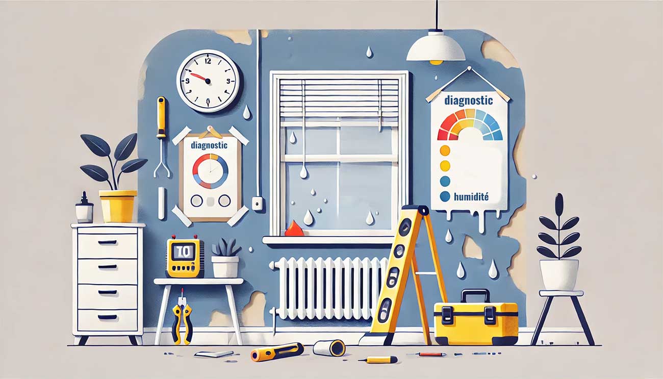 Illustration vectorielle design représentant un mur intérieur d'une maison avec des signes visibles d'humidité comme des taches sombres et des décollements de peinture, des outils de diagnostic posés à côté, et une feuille d'aluminium collée sur le mur pour un test d'humidité.