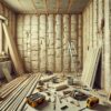 visuel réaliste d'un mur intérieur avec une isolation en liège en cours d'installation, entouré d'outils de bricolage et de matériaux isolants.