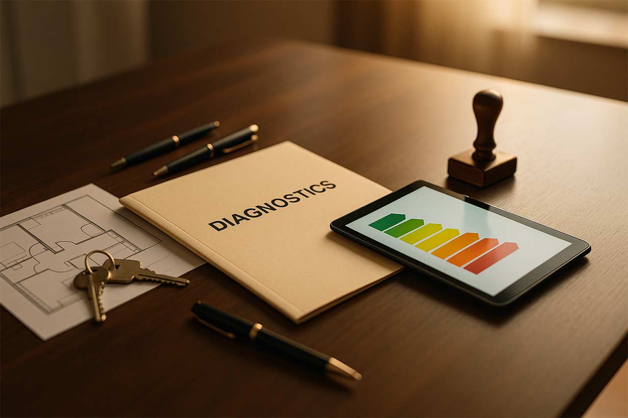 un dossier de diagnostics posé sur une table de notaire, stylos, tampon, clés, plan d’appartement et tablette affichant un DPE coloré ; lumière naturelle en fin d’après-midi