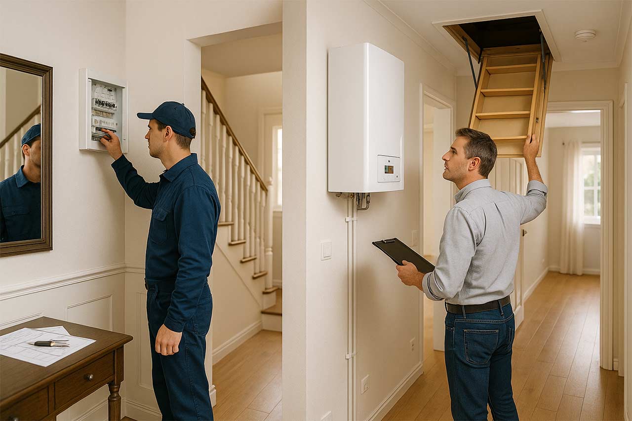 vue intérieure d’une maison soignée ; un électricien vérifie un tableau, un technicien gaz regarde une chaudière moderne, un inspecteur ouvre une trappe de grenier (amiante)