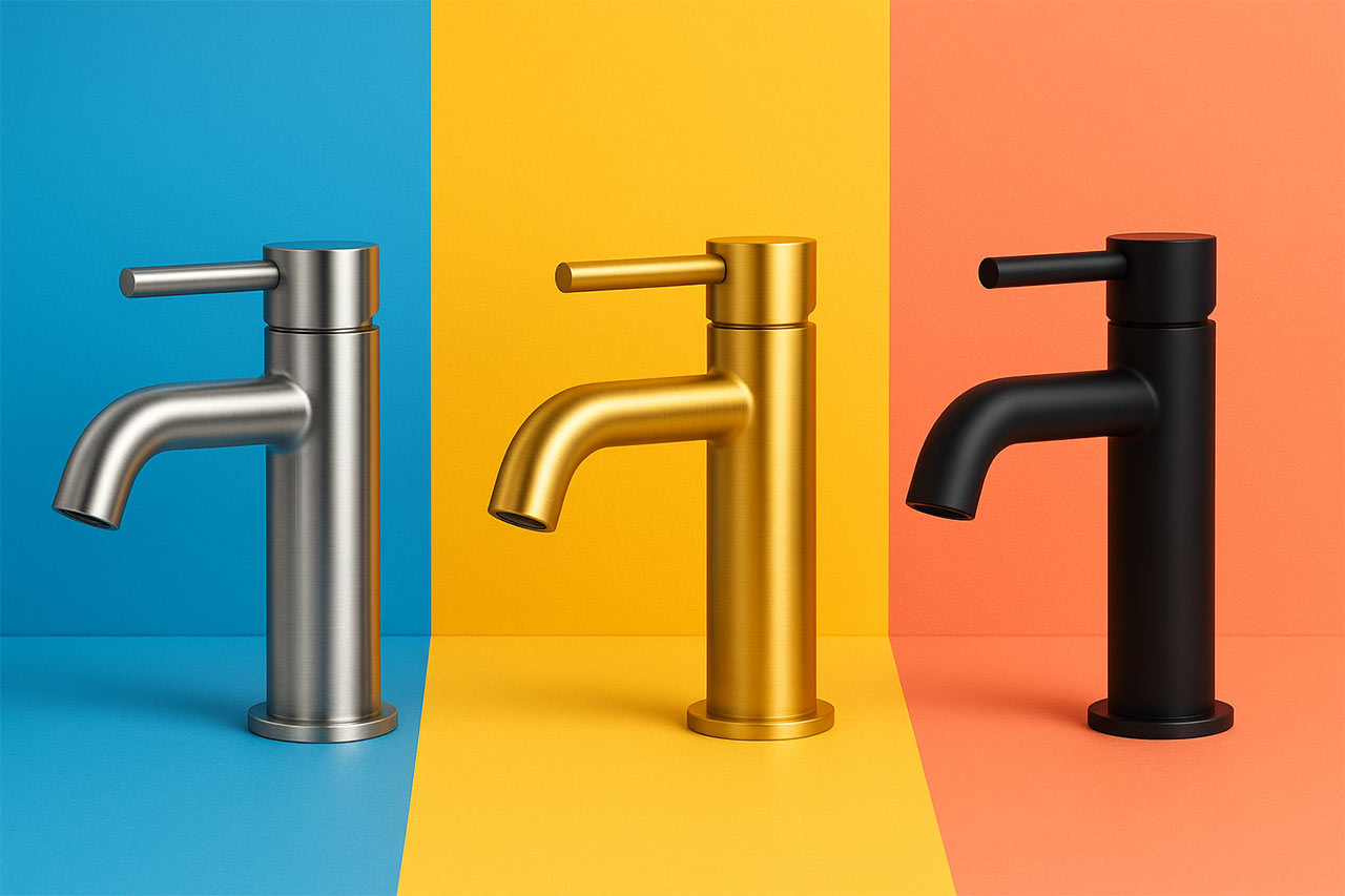 Trois mitigeurs modernes posés côte à côte, en finition inox brossé, or brossé PVD et noir mat, éclairage naturel
