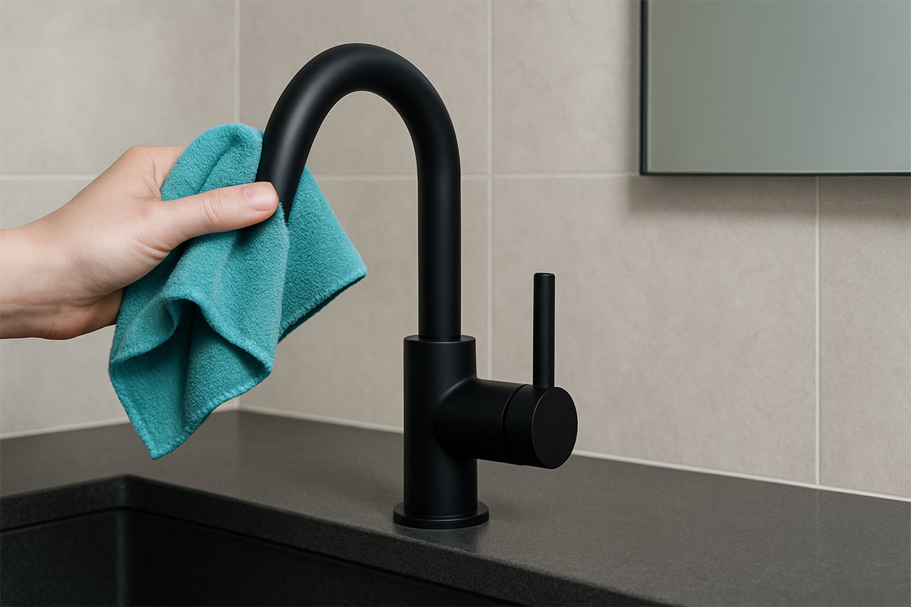 Robinet noir mat dans une salle de bains moderne, main avec microfibre effectuant un essuyage après nettoyage léger