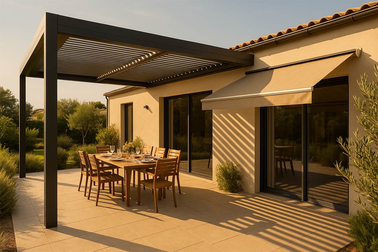 Terrasse contemporaine en été, maison claire, grande pergola bioclimatique adossée avec lames partiellement ouvertes, table dressée pour 6, store banne voisin déployé sur baie vitrée, ombre nette au sol, ambiance dorée de fin d’après-midi