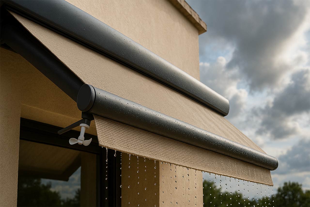 Gros plan large d’un store banne coffre vu de dessous, toile micro-perforée, pente marquée avec écoulement de fines gouttes après une averse, capteur vent visible sur la barre, ciel changeant, façade sud-ouest