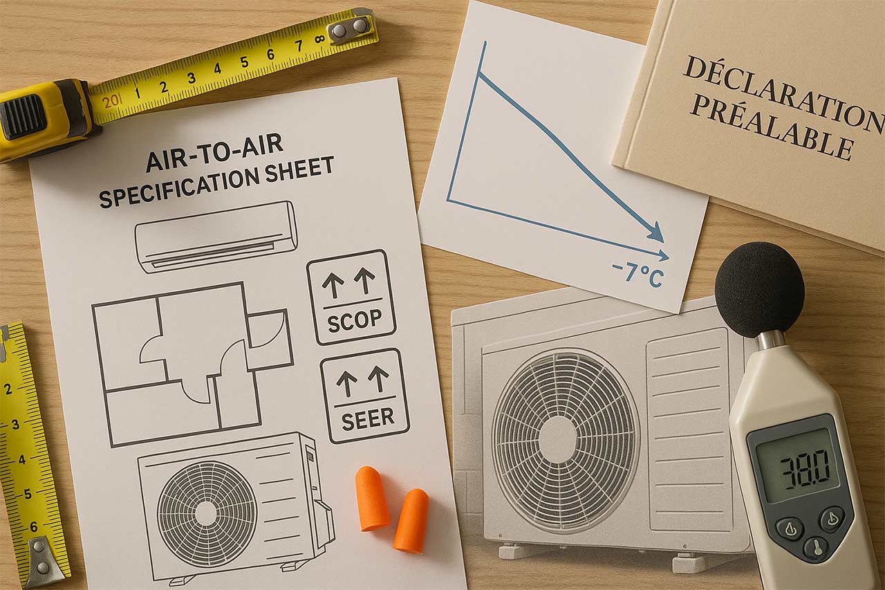 Collage visuel réaliste en une scène : fiche technique d’une PAC air-air posée sur une table, icônes SCOP/SEER, mètre ruban, plan de logement avec pièces, courbe de performance à –7 °C, bouchons d’oreille et sonomètre près d’une unité extérieure, dossier déclaration préalable