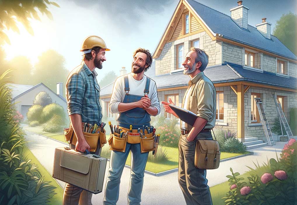 illustration avec des artisans souriants discutant avec un client satisfait