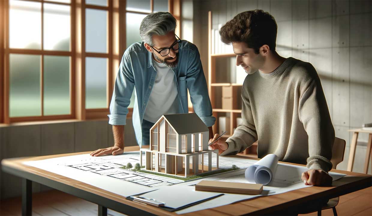 discussions autour d'un plan de maison entre un architecte et son client