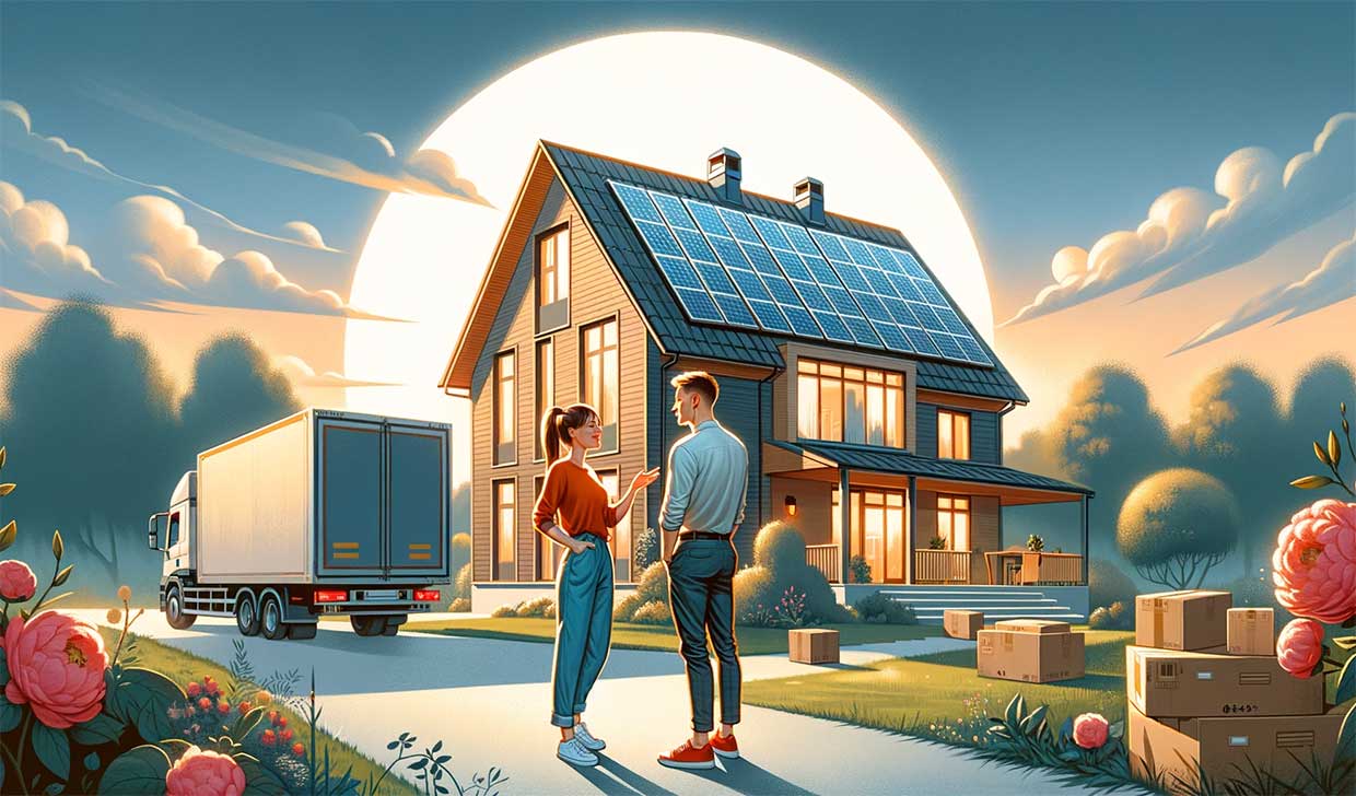 Un couple débat devant leur maison moderne avec des panneaux solaires sur le toit, un camion de déménagement en arrière-plan