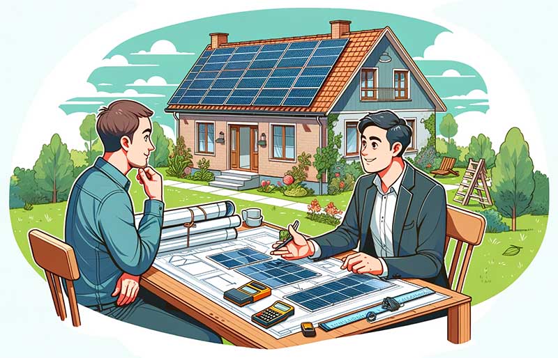 dessin d'un entrepreneur en train de discuter avec un propriétaire de maison. Ils sont devant une table avec des plans de panneaux solaires et des outils de mesure.
