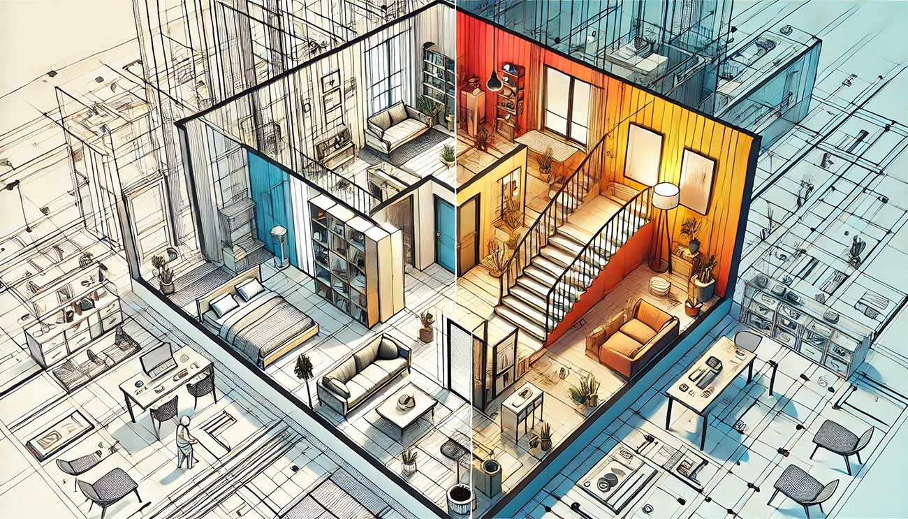 L'image montre une coupe transversale d'un appartement où les nouvelles unités sont colorées de manière contrastée. On y voit des éléments stylisés comme des lignes architecturales géométriques, des meubles design et des séparations bien définies. Des ouvriers, des plans de construction et des outils modernes sont intégrés.