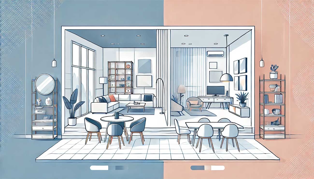 Une scène représentant un grand appartement avec des possibilités de division mises en évidence : une moitié est vide et l'autre montre des meubles modernes et un espace aménagé