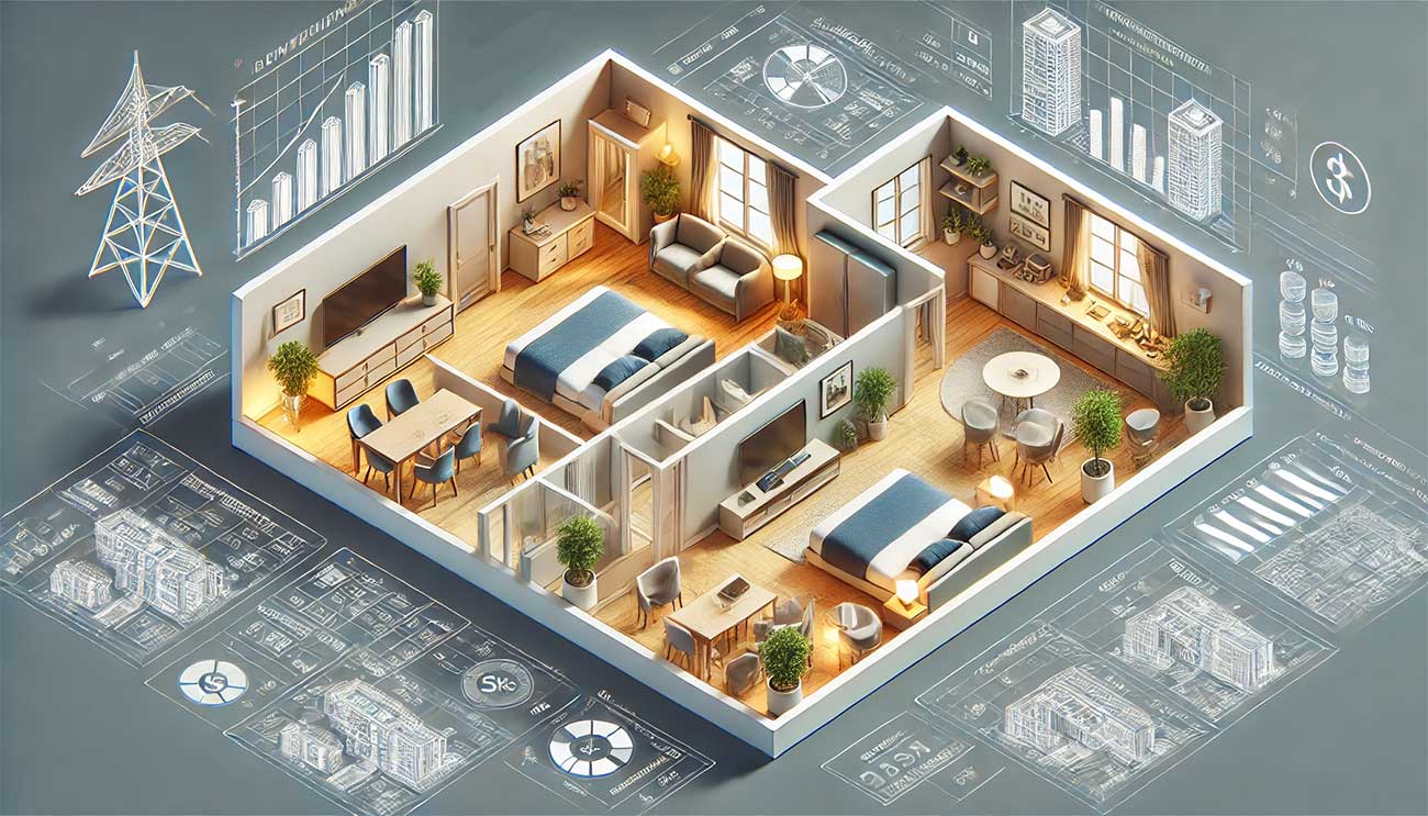 Illustration isométrique d'un appartement spacieux divisé en deux unités modernes et élégantes, montrant des espaces bien aménagés avec des éléments représentant la rentabilité et l'investissement immobilier.