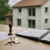 Gros plan d’un bureau de notaire moderne : acte de vente, tampon, trousseau de clés, à côté d’un dossier ouvert avec pièces techniques (attestations, plans, PV de réception) ; en arrière-plan flou, une maison rénovée avec ITE et toiture neuve