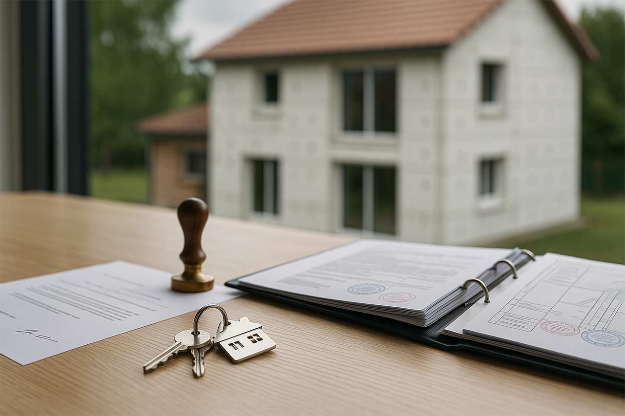 Gros plan d’un bureau de notaire moderne : acte de vente, tampon, trousseau de clés, à côté d’un dossier ouvert avec pièces techniques (attestations, plans, PV de réception) ; en arrière-plan flou, une maison rénovée avec ITE et toiture neuve