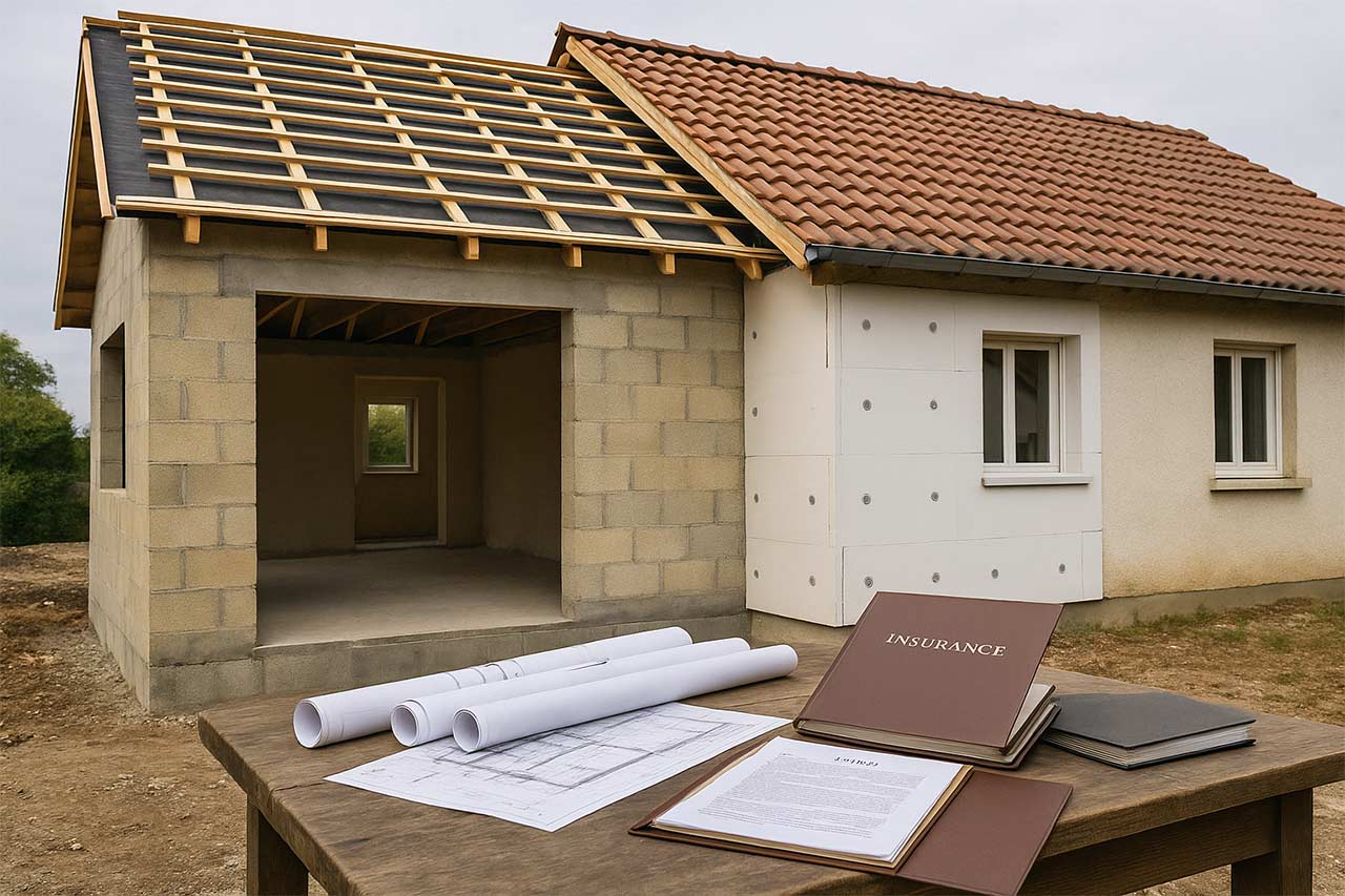 Coupe d’une maison : extension, toiture en réfection et ITE, avec un dossier d’assurance sur table