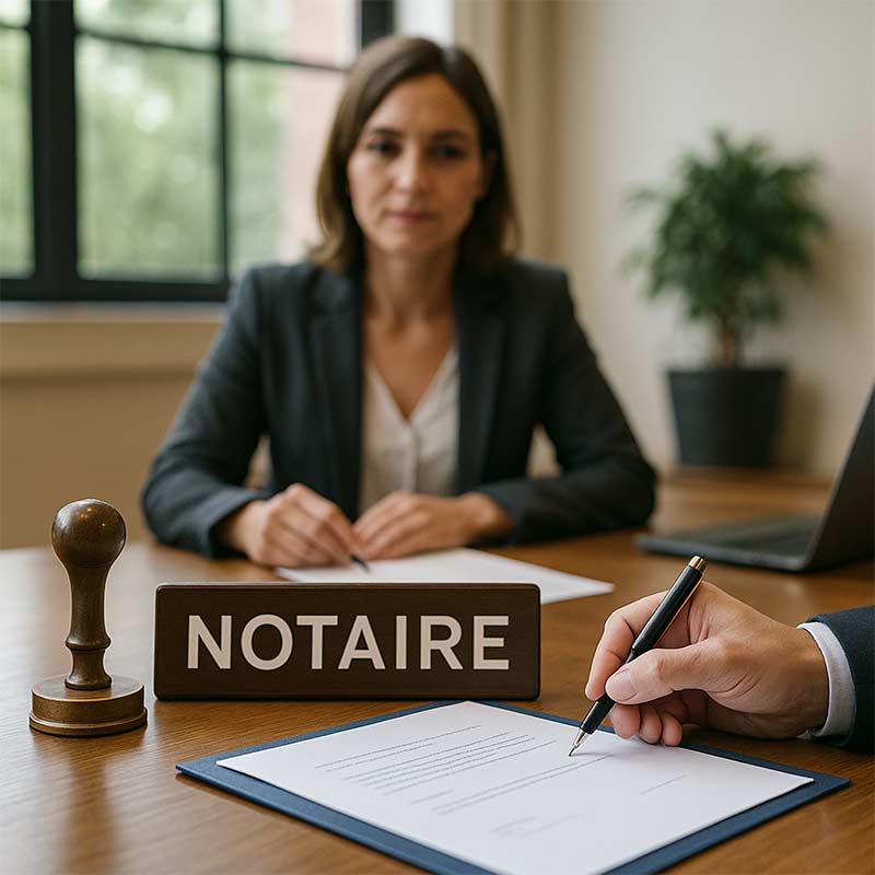 bureau de notaire avec une femme en trai nd'écrire et un homme entrain de signer un document