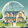 maison impeccablement rénovée, protégée par un grand parapluie transparent symbolisant la sécurité et la sérénité. Une famille heureuse se tient devant la maison, symbolisant la réussite d’un projet immobilier sécurisé.