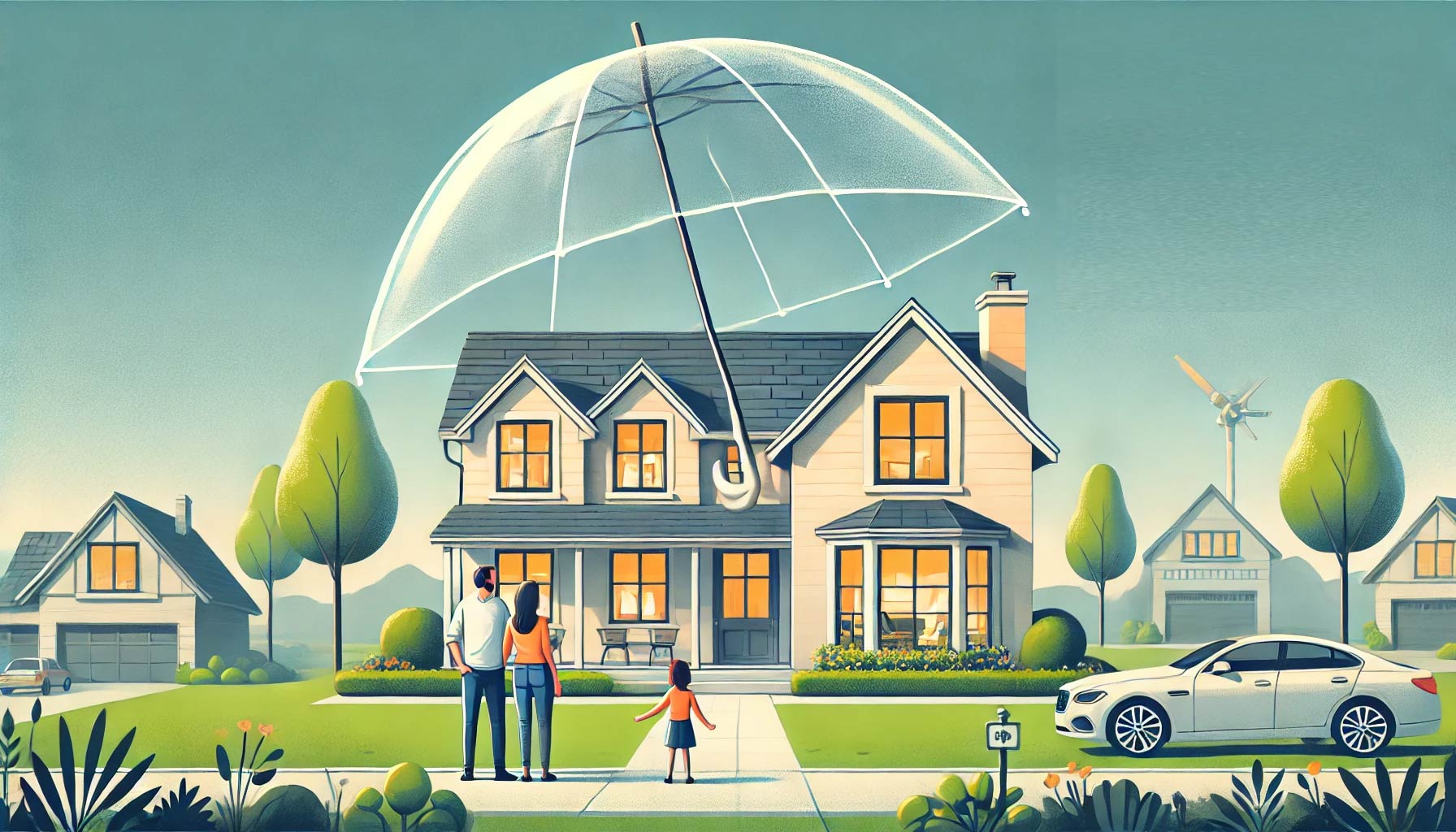 maison impeccablement rénovée, protégée par un grand parapluie transparent symbolisant la sécurité et la sérénité. Une famille heureuse se tient devant la maison, symbolisant la réussite d’un projet immobilier sécurisé.
