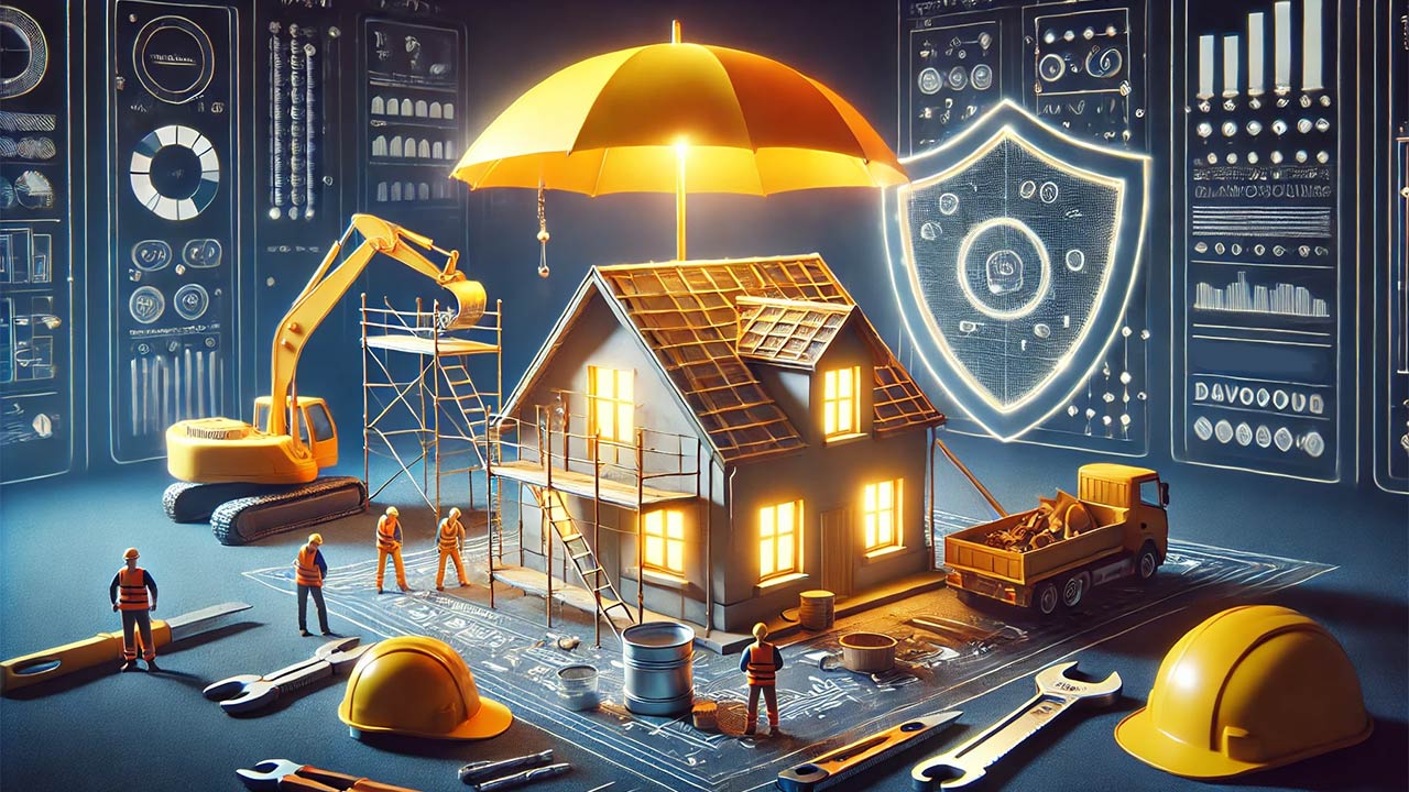  illustration générale représentant la garantie dommages-ouvrage pour un projet immobilier en France, mettant en avant une maison en construction protégée par un parapluie symbolique. On y voit un chantier avec des ouvriers, des échafaudages et des outils, tandis qu'un grand parapluie lumineux protège le bâtiment, symbolisant sécurité et assurance.