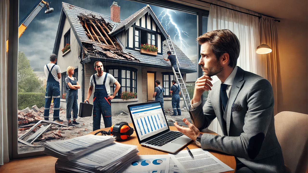 propriétaire face à des réparations coûteuses sur une maison endommagée, discutant avec un assureur dans un bureau moderne. Des ouvriers effectuent des réparations en arrière-plan. L'assureur montre des documents et des chiffres sur un ordinateur, illustrant la complexité et les litiges liés à l'absence de garantie dommages-ouvrage.