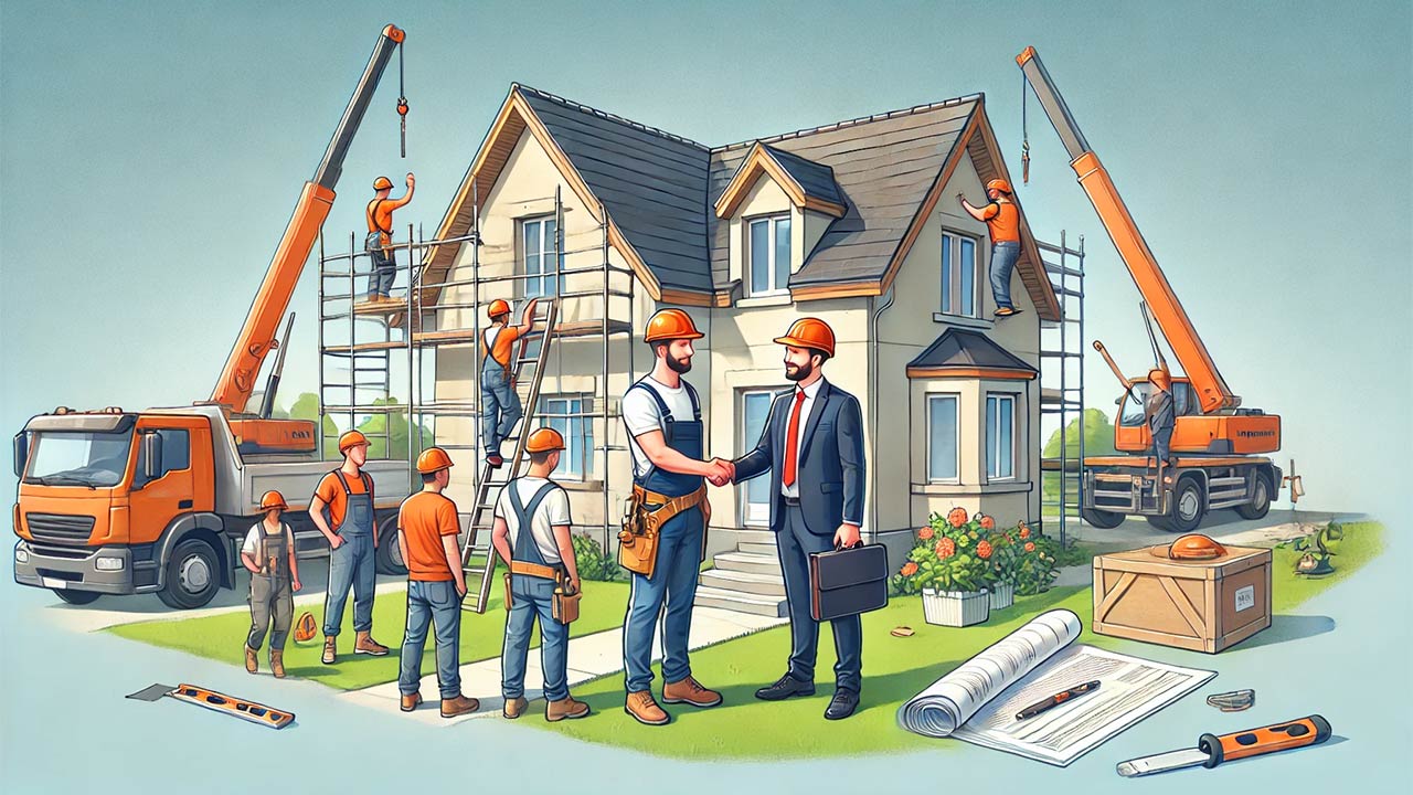 maison récemment rénovée avec des ouvriers quittant le chantier, un propriétaire souriant en discutant avec un expert en assurance. L’image évoque la conclusion d’un processus de prise en charge efficace grâce à l’assurance dommages-ouvrage.