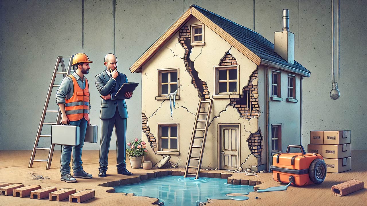 scène représentant une maison en construction avec des désordres visibles : fissures dans les murs, infiltrations d’eau. Un expert en assurance et un propriétaire discutent sur place pour évaluer les dommages indemnisables.