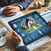 bureau avec un expert d’assurance analysant des documents de déclaration de sinistre, accompagné d’un propriétaire préoccupé. Sur une tablette, un plan de maison endommagée avec des annotations apparaît, symbolisant la procédure de déclaration et l’expertise nécessaire.