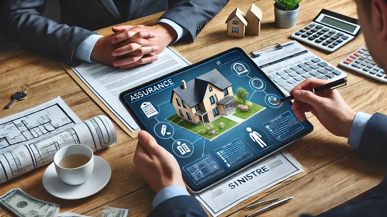 bureau avec un expert d’assurance analysant des documents de déclaration de sinistre, accompagné d’un propriétaire préoccupé. Sur une tablette, un plan de maison endommagée avec des annotations apparaît, symbolisant la procédure de déclaration et l’expertise nécessaire.