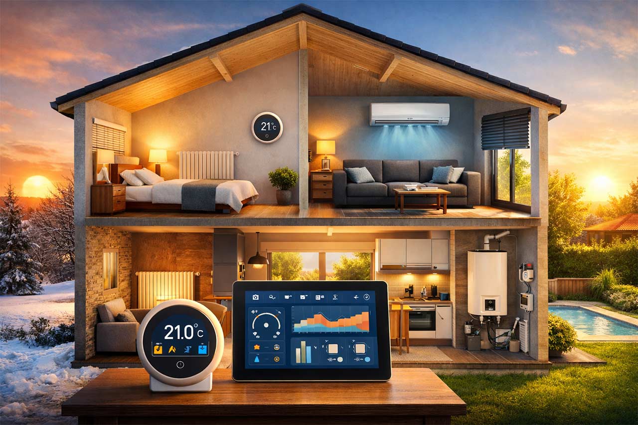 Maison moderne en coupe, thermostat intelligent, radiateurs et clim réversible, tableau de bord domotique, volets roulants, ambiance chaleureuse hiver + soleil été