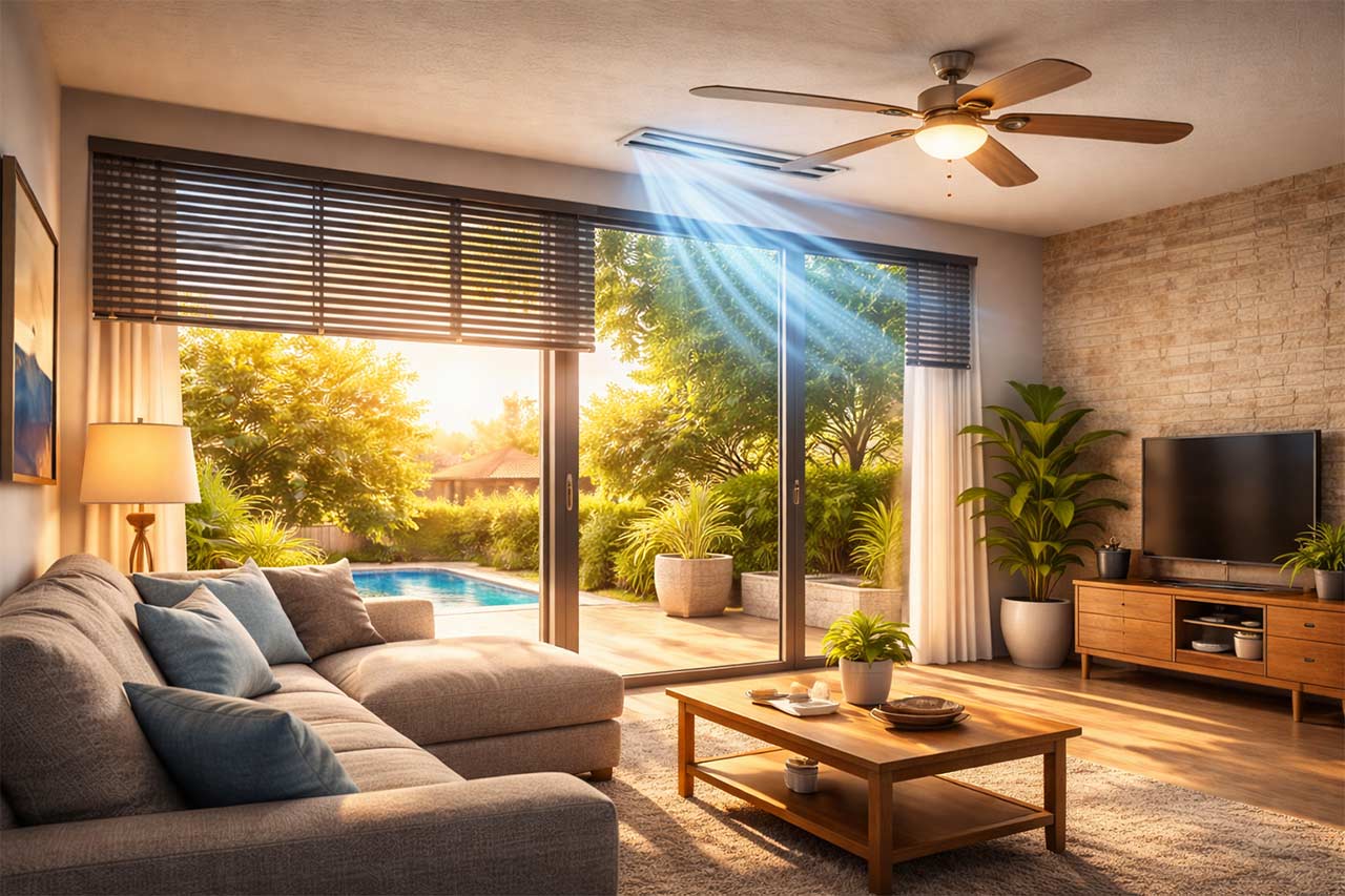 Scène d’été en ville : appartement avec volets/BSO automatisés, rayons du soleil, flux d’air frais d’une clim, ventilateur de plafond, capteurs discrets