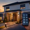 Maison contemporaine chaleureuse au coucher du soleil, volets connectés entrouverts, lumières intérieures douces, jardin calme, smartphone au premier plan avec interface domotique