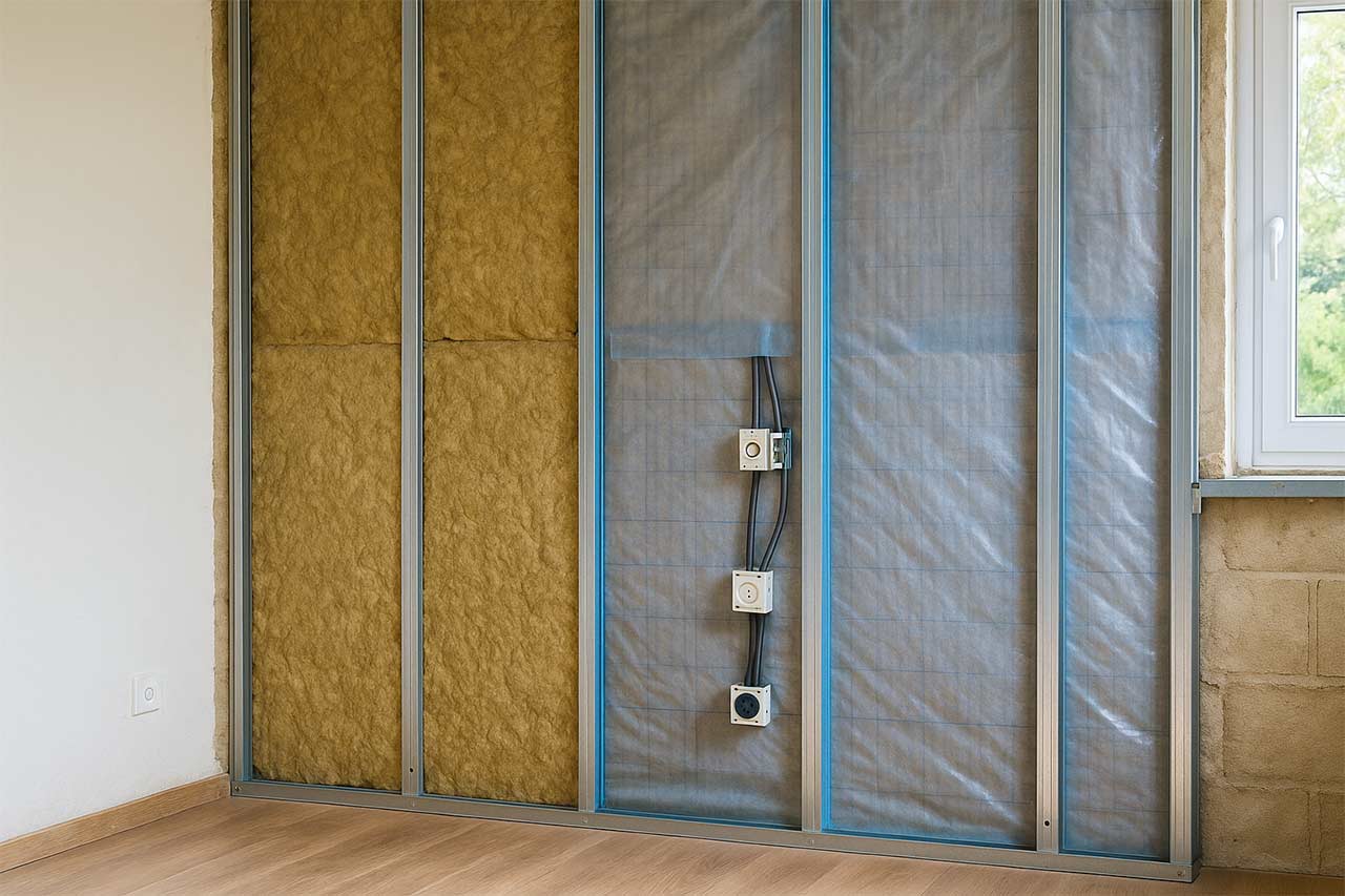 Intérieur d’un salon en rénovation, paroi ouverte montrant mur maçonné, isolant en laine minérale, membrane hygrovariable soigneusement scotchée, ossature métallique et prises avec manchons